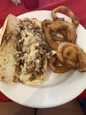 Chicken cheesesteak and onion rings