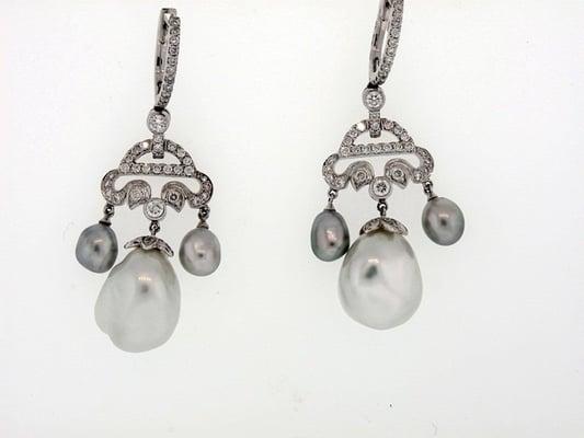 Estate Black and White Baroque Pearl and Diamond Earrings