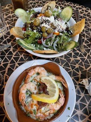 Mediterranean Salad and shrimp with bacon and jalapeños with melty cheese