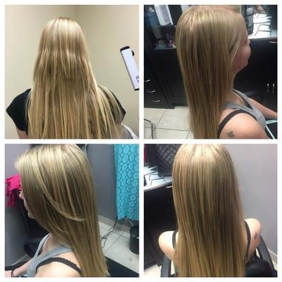 Don't get your haircut at hair shows! A corrective cut to help blend in her one layer.. Lots of texturizing and creativity!