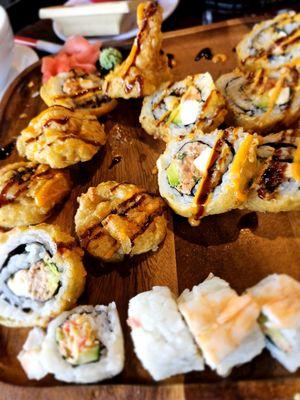 Fried rolls were 2"+ thick with batter making each piece 4 bites... making them huge and heavily breaded.