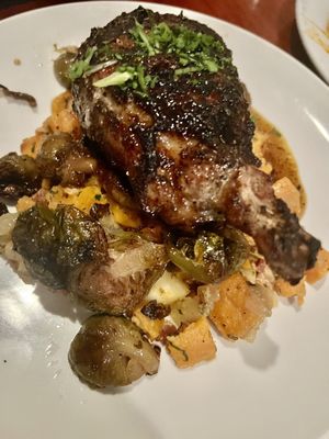 Bone-in 14oz Prime Pork Chop - Sweet potato/bacon/apple hash, roasted brussel sprouts, maple glaze