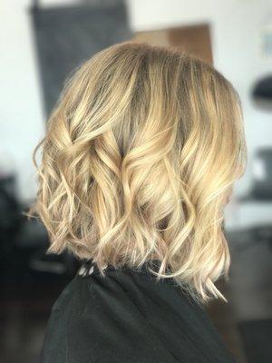 Blonde Angled Lob with Pops of Rose Gold