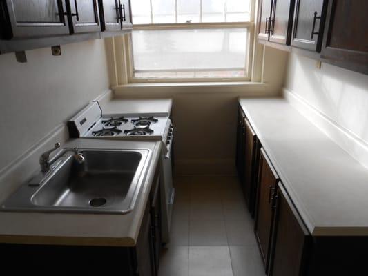 Galley Kitchen. 20 inch gas stove. The tenant's received a new stove immediately after this one stopped working.