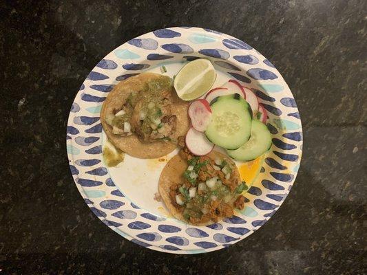 (Top left) carnitas taco (Bottom right) taco al pastor