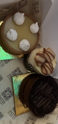 Lemon Strawberry Tart, Salted Caramel Cheese Cake Mini, Chocolate Caramel Tart.