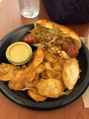 Smoked polish sausage w/homemade chips & brown mustard!