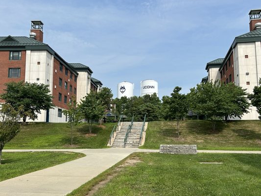 Looking up the. Enter of the dorm complex.