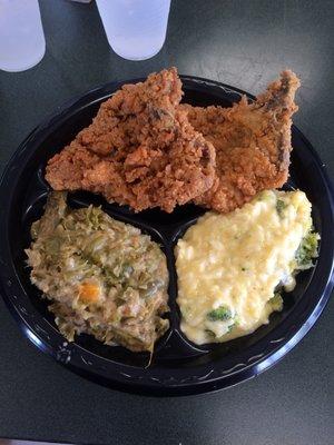 Fried pork chops, green bean casserole, and broccoli & rice casserole