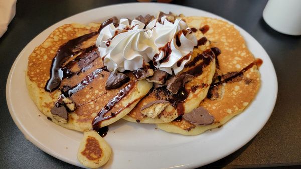 March 2024 Special: Chocolate Mint Cookie Hotcakes, "Hill"-size (Three pancakes) w/whipped cream: Nice touch of mint, soo good!