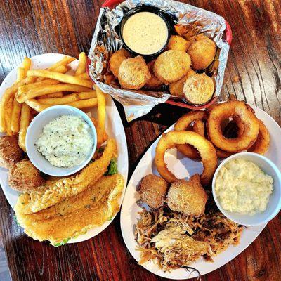 Fried Flounder, BBQ Plate, Hushpuppies