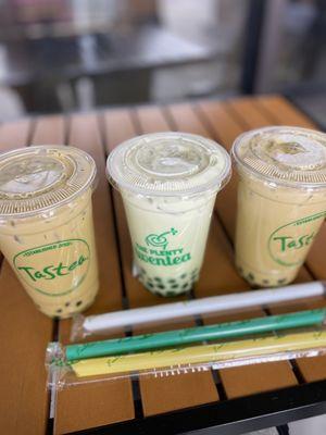 2 matcha thai milk tea, honeydew milk tea