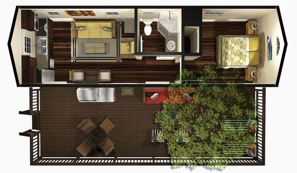 Floor plans include bedroom, bathroom, living room, kitchen and outdoor deck area.