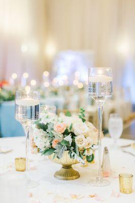 Centerpieces, florals, floating candles, votives