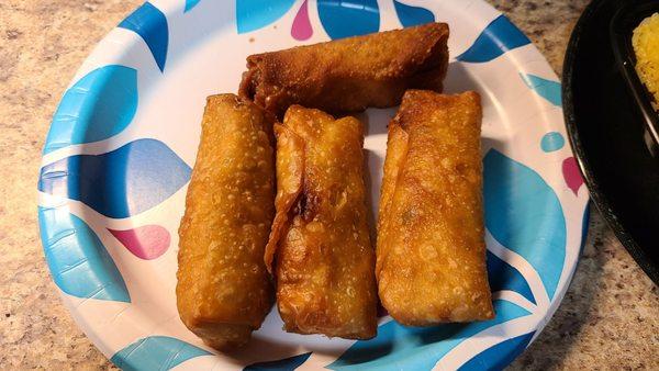 One regular egg roll and 3 Shrimp Egg Rolls. Regular egg roll overcooked but inside good.