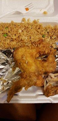 My dinner, shrimp fried rice and fried chicken wings.