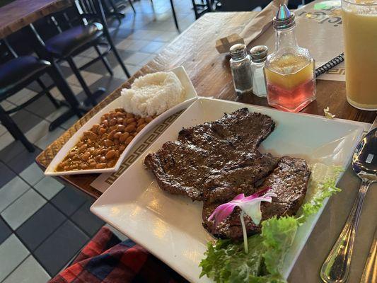 Carne asada with rice and beans