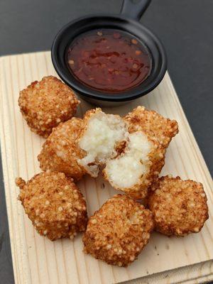 Dadinho de tapioca- the 'little dice' are actually cubes of tapioca and cheese.