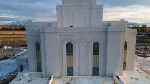 Orem Utah Temple on a winter dusk day by a drone on March 15, 2023. Official Website is TempleScoop.com