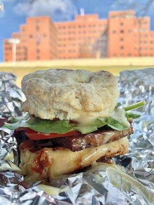 Billie Jean Biscuit (Breakfast Sandwich) with coconut bacon, smoky marinated tofu and maple Dijon mustard