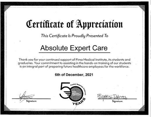 PIMA Medical Institute Certificate of Appreciation - Awarded 12/2021