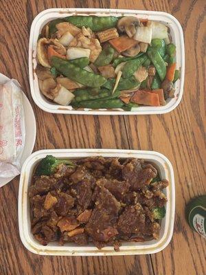 chicken with snow peas & orange beef