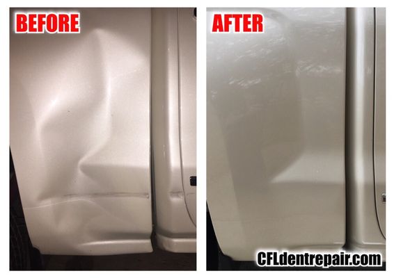 Chevy Silverado bedside repaired using The Paintless Dent Removal Method. CFLdentrepair.com