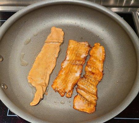 Very partially cooked slices ready to be flipped again.