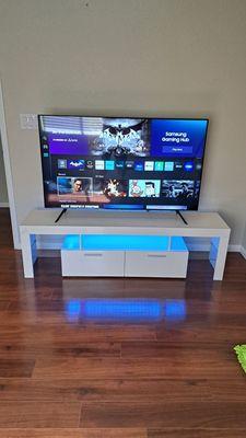 Newly installed television stand with led lights