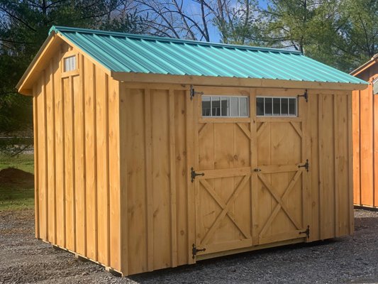 8x10 Rustic Pine Board & Batten with Natural Stain & Marine Green Metal Roof