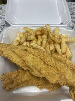 3 pieces fried catfish fillets with french fries