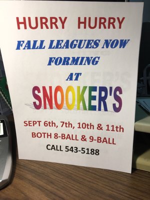 Snookers pool leagues will start September 6 everyone welcome