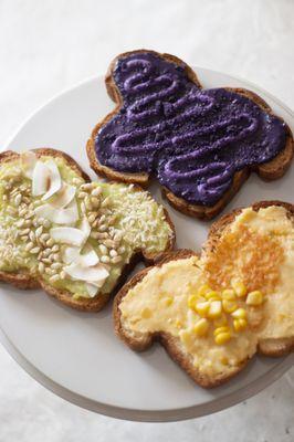 Ube toast, pandan toast, and mais con queso toast.