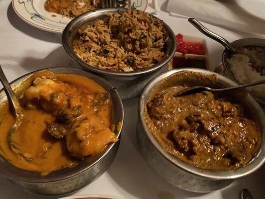 Chicken Biryani (top), Chingari (prawn) Malai Curry (left), and Chicken Chettinad (right). They were all delicious.