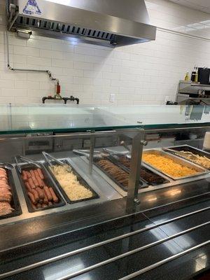 Lunch at the Markle. French Fries, Mac&Cheese, Hamburger, Sausage, Pork. No healthy choices.