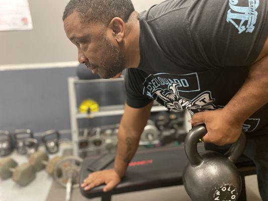 Kettle Bell and dumbbell sets. Ask about our personal training programs for both boxing, strength training, and weight loss.