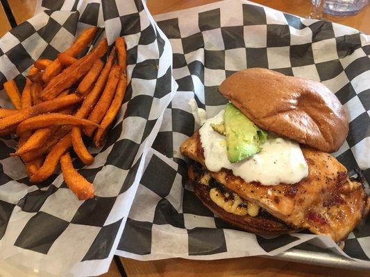 Salmon burger and sweet potato fries