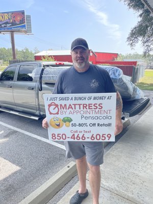 A very satisfied customer that saved a bunch of money on a new mattress at Mattress By Appointment Pensacola!