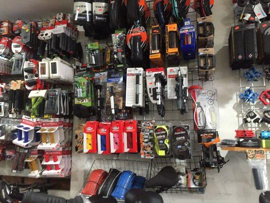 Wall of bike accessories for sale at Jersey Cycles Nov 2016