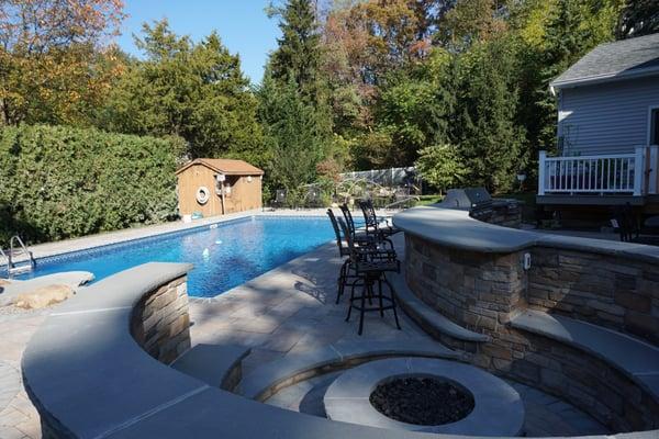 Outdoor Kitchen, bench seating, fire pit