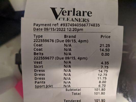 Prices for various items. The expensive coat was a long heavy down coat and the cheaper one was a standard pea coat