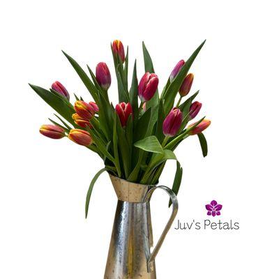 Tulips in tin vase