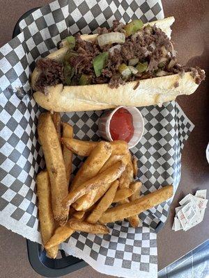 My sandwich with bell peppers, mushrooms fried onions and pepper jack. Great French fries, way better than traditional steak fries.