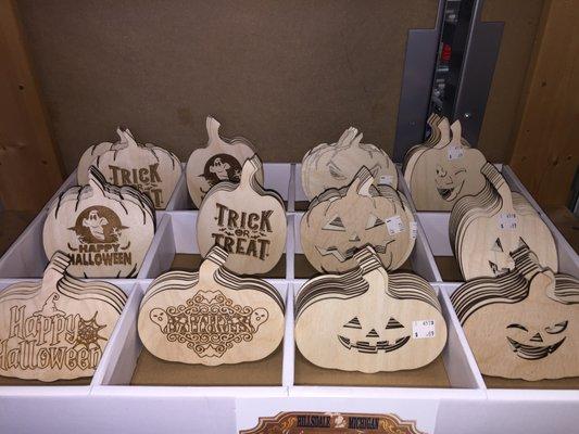 Wood Pumpkins $.89 to $1.29 get them while they last. Paint Stain or Markers can be used to colorize them