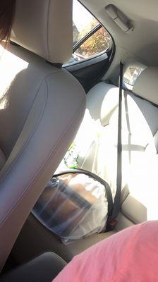 Min (owner) put the seat belt on the bag so the sandwiches stay in place! GENIUS!