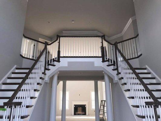 Stain color Weathered, white spindles and stair sides white