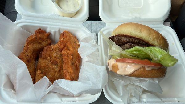 Build your own double burger w/ pickles, lettuce, tomatoes and light Elevation sauce Crispy chicken tenders