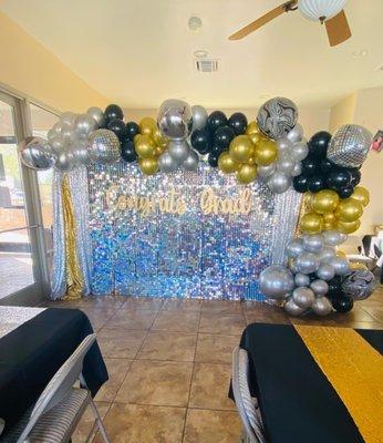 Shimmer and Sequin Wall with Balloon Garland