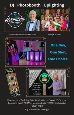 What does an Experienced DJ, Quality Sound System, Unique Mirror Plated, LED Lit Photobooth and Uplighting make? The best PARTY EVER!!!