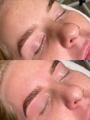 Before and after results from a Brow Therapy session which includes brow facial, precision mapping, custom tint & wax